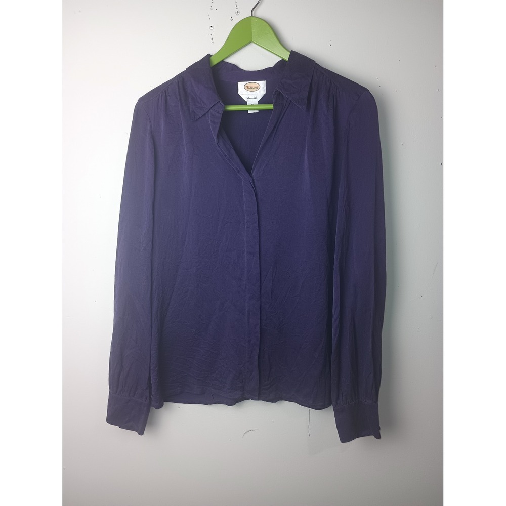 Talbots Pure Silk Blouse Womens 12 Purple Long Sleeve Button‎ Down Crepe Top